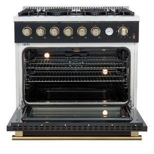 FORNO - Marco 36-Inch Gas Range Black & Antique Brass Design, 6 Burners 67,000 BTU, 5.36 cu.ft. Convection Oven