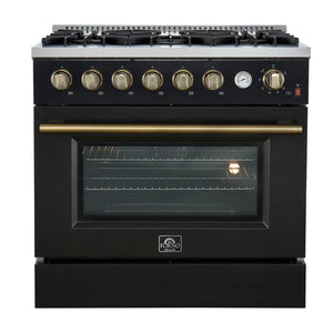 FORNO - Marco 36-Inch Gas Range Black & Antique Brass Design, 6 Burners 67,000 BTU, 5.36 cu.ft. Convection Oven