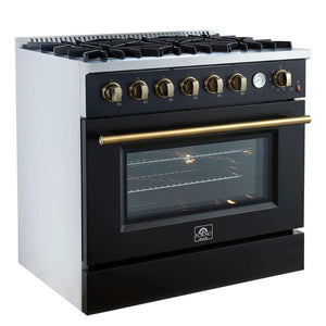 FORNO - Marco 36-Inch Gas Range Black & Antique Brass Design, 6 Burners 67,000 BTU, 5.36 cu.ft. Convection Oven