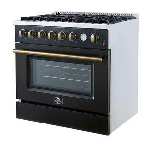FORNO - Marco 36-Inch Gas Range Black & Antique Brass Design, 6 Burners 67,000 BTU, 5.36 cu.ft. Convection Oven