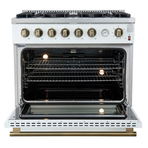 FORNO - Marco 36-Inch Gas Range White & Antique Brass Design, 6 Burners 67,000 BTU, 5.36 cu.ft. Convection Oven