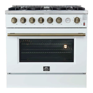 FORNO - Marco 36-Inch Gas Range White & Antique Brass Design, 6 Burners 67,000 BTU, 5.36 cu.ft. Convection Oven