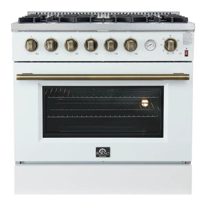 FORNO - Marco 36-Inch Gas Range White & Antique Brass Design, 6 Burners 67,000 BTU, 5.36 cu.ft. Convection Oven