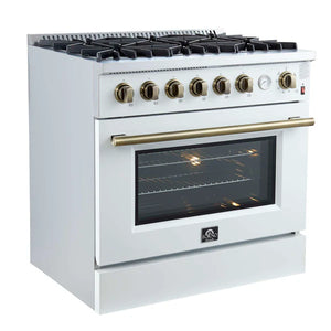 FORNO - Marco 36-Inch Gas Range White & Antique Brass Design, 6 Burners 67,000 BTU, 5.36 cu.ft. Convection Oven