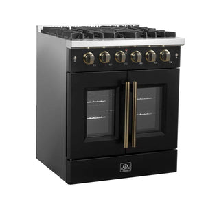 FORNO - Galiano 30-inch French Door Gas Range Black and Antique Brass Design, 5 Sealed Burners 68,000 BTU, 4.32 cu.ft. Convection Oven