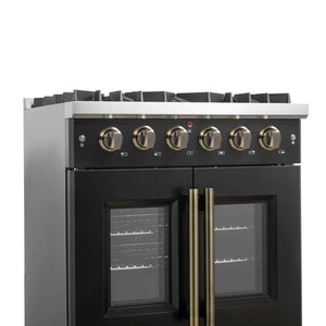 FORNO - Galiano 30-inch French Door Gas Range Black and Antique Brass Design, 5 Sealed Burners 68,000 BTU, 4.32 cu.ft. Convection Oven