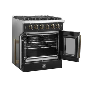 FORNO - Galiano 30-inch French Door Gas Range Black and Antique Brass Design, 5 Sealed Burners 68,000 BTU, 4.32 cu.ft. Convection Oven