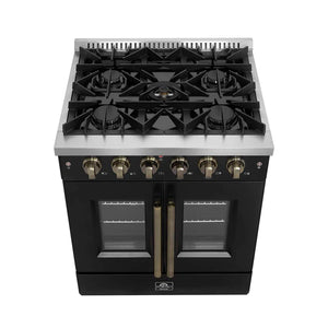 FORNO - Galiano 30-inch French Door Gas Range Black and Antique Brass Design, 5 Sealed Burners 68,000 BTU, 4.32 cu.ft. Convection Oven