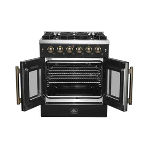 FORNO - Galiano 30-inch French Door Gas Range Black and Antique Brass Design, 5 Sealed Burners 68,000 BTU, 4.32 cu.ft. Convection Oven