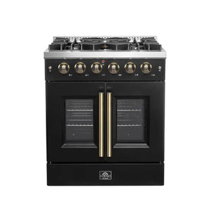 FORNO - Galiano 30-inch French Door Gas Range Black and Antique Brass Design, 5 Sealed Burners 68,000 BTU, 4.32 cu.ft. Convection Oven