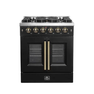 FORNO - Galiano 30-inch French Door Gas Range Black and Antique Brass Design, 5 Sealed Burners 68,000 BTU, 4.32 cu.ft. Convection Oven