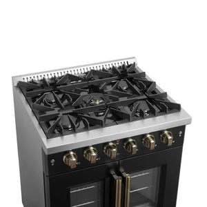 FORNO - Galiano 30-inch French Door Gas Range Black and Antique Brass Design, 5 Sealed Burners 68,000 BTU, 4.32 cu.ft. Convection Oven