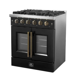 FORNO - Galiano 30-inch French Door Gas Range Black and Antique Brass Design, 5 Sealed Burners 68,000 BTU, 4.32 cu.ft. Convection Oven