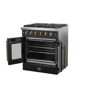 FORNO - Galiano 30-inch French Door Gas Range Black and Antique Brass Design, 5 Sealed Burners 68,000 BTU, 4.32 cu.ft. Convection Oven