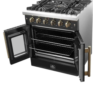 FORNO - Galiano 30-inch French Door Gas Range Black and Antique Brass Design, 5 Sealed Burners 68,000 BTU, 4.32 cu.ft. Convection Oven