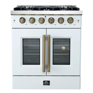 FORNO - Galiano 30-inch French Door Gas Range White with Antique Brass Design, 5 Burners, 68,000 BTU, 4.32 cu.ft. Convection Oven