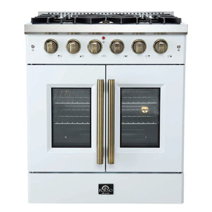FORNO - Galiano 30-inch French Door Gas Range White with Antique Brass Design, 5 Burners, 68,000 BTU, 4.32 cu.ft. Convection Oven