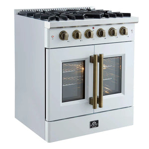 FORNO - Galiano 30-inch French Door Gas Range White with Antique Brass Design, 5 Burners, 68,000 BTU, 4.32 cu.ft. Convection Oven