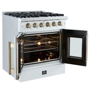 FORNO - Galiano 30-inch French Door Gas Range White with Antique Brass Design, 5 Burners, 68,000 BTU, 4.32 cu.ft. Convection Oven
