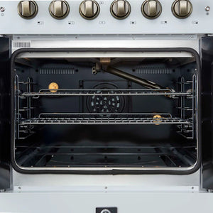 FORNO - Galiano 30-inch French Door Gas Range White with Antique Brass Design, 5 Burners, 68,000 BTU, 4.32 cu.ft. Convection Oven