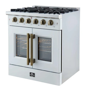 FORNO - Galiano 30-inch French Door Gas Range White with Antique Brass Design, 5 Burners, 68,000 BTU, 4.32 cu.ft. Convection Oven