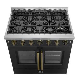 FORNO - Galiano 36-inch French Door Gas Range Black and Antique Brass Design, 6 Sealed Burners 83,000 BTU, 5.36 cu.ft. Convection Oven