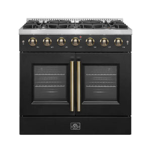 FORNO - Galiano 36-inch French Door Gas Range Black and Antique Brass Design, 6 Sealed Burners 83,000 BTU, 5.36 cu.ft. Convection Oven