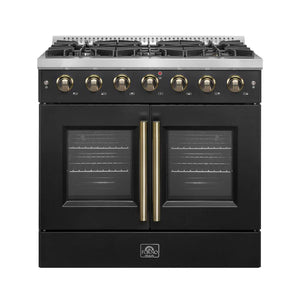 FORNO - Galiano 36-inch French Door Gas Range Black and Antique Brass Design, 6 Sealed Burners 83,000 BTU, 5.36 cu.ft. Convection Oven