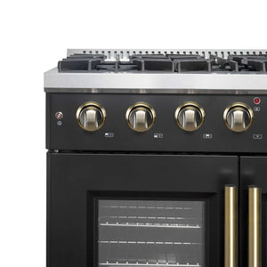 FORNO - Galiano 36-inch French Door Gas Range Black and Antique Brass Design, 6 Sealed Burners 83,000 BTU, 5.36 cu.ft. Convection Oven