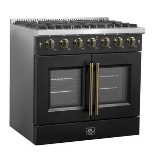 FORNO - Galiano 36-inch French Door Gas Range Black and Antique Brass Design, 6 Sealed Burners 83,000 BTU, 5.36 cu.ft. Convection Oven