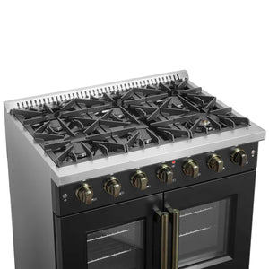 FORNO - Galiano 36-inch French Door Gas Range Black and Antique Brass Design, 6 Sealed Burners 83,000 BTU, 5.36 cu.ft. Convection Oven