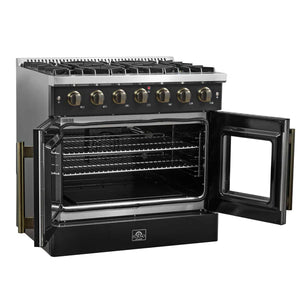 FORNO - Galiano 36-inch French Door Gas Range Black and Antique Brass Design, 6 Sealed Burners 83,000 BTU, 5.36 cu.ft. Convection Oven