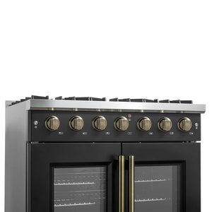 FORNO - Galiano 36-inch French Door Gas Range Black and Antique Brass Design, 6 Sealed Burners 83,000 BTU, 5.36 cu.ft. Convection Oven