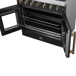 FORNO - Galiano 36-inch French Door Gas Range Black and Antique Brass Design, 6 Sealed Burners 83,000 BTU, 5.36 cu.ft. Convection Oven