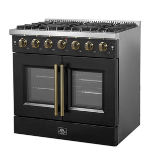 FORNO - Galiano 36-inch French Door Gas Range Black and Antique Brass Design, 6 Sealed Burners 83,000 BTU, 5.36 cu.ft. Convection Oven