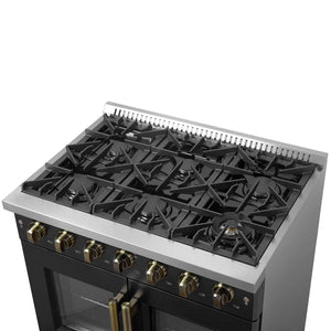 FORNO - Galiano 36-inch French Door Gas Range Black and Antique Brass Design, 6 Sealed Burners 83,000 BTU, 5.36 cu.ft. Convection Oven