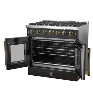 FORNO - Galiano 36-inch French Door Gas Range Black and Antique Brass Design, 6 Sealed Burners 83,000 BTU, 5.36 cu.ft. Convection Oven