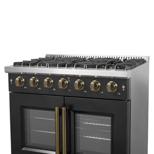 FORNO - Galiano 36-inch French Door Gas Range Black and Antique Brass Design, 6 Sealed Burners 83,000 BTU, 5.36 cu.ft. Convection Oven