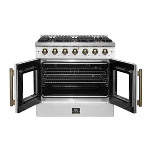 FORNO - Galiano 36-inch French Door Gas Range White and Antique Brass Design, 6 Sealed Burners 83,000 BTU, 5.36 cu.ft. Convection Oven