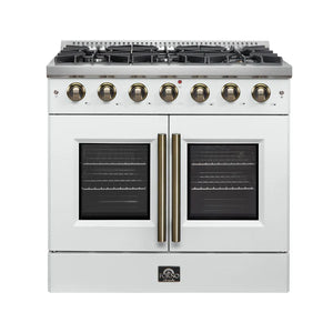FORNO - Galiano 36-inch French Door Gas Range White and Antique Brass Design, 6 Sealed Burners 83,000 BTU, 5.36 cu.ft. Convection Oven
