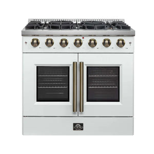 FORNO - Galiano 36-inch French Door Gas Range White and Antique Brass Design, 6 Sealed Burners 83,000 BTU, 5.36 cu.ft. Convection Oven