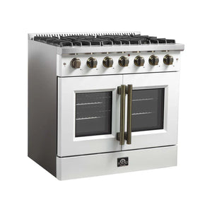 FORNO - Galiano 36-inch French Door Gas Range White and Antique Brass Design, 6 Sealed Burners 83,000 BTU, 5.36 cu.ft. Convection Oven
