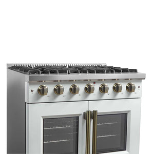 FORNO - Galiano 36-inch French Door Gas Range White and Antique Brass Design, 6 Sealed Burners 83,000 BTU, 5.36 cu.ft. Convection Oven