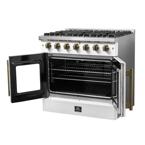 FORNO - Galiano 36-inch French Door Gas Range White and Antique Brass Design, 6 Sealed Burners 83,000 BTU, 5.36 cu.ft. Convection Oven