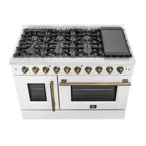 FORNO - Galiano 48-Inch Freestanding French Door Gas Range, White & Antique Brass