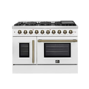 FORNO - Galiano 48-Inch Freestanding French Door Gas Range, White & Antique Brass
