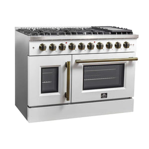 FORNO - Galiano 48-Inch Freestanding French Door Gas Range, White & Antique Brass