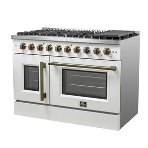 FORNO - Galiano 48-Inch Freestanding French Door Gas Range, White & Antique Brass