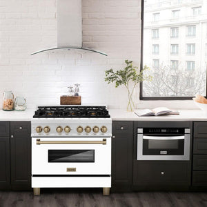 ZLINE - Autograph Edition 36 in. 4.6 cu. ft. Legacy Dual Fuel Range with 6 Burner Gas Cooktop and Electric Convection Oven in Satin Stainless Steel with White Matte Door and Champagne Bronze Accents
