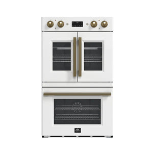 FORNO - Asti 30-Inch Double Electric Wall Oven with Upper French Doors in White & Antique Brass, 7.36 cu. ft. Dual True Convection, 7,200W, Air Fry, Sous Vide, Self-Clean